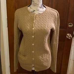 Tan POLO cardigan sweater.